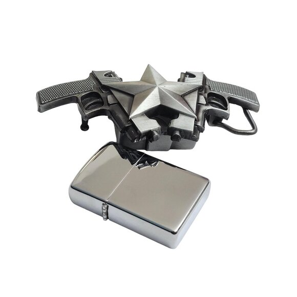 Dual Guns Vintage Silver Metal Lighter Belt Buckle - Free Engraving On Lighter - Picture 3 of 10